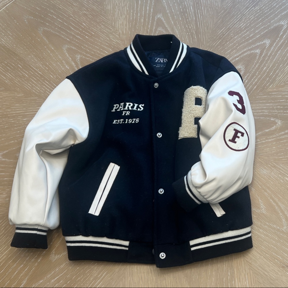 Zara Navy and White Varsity Jacket